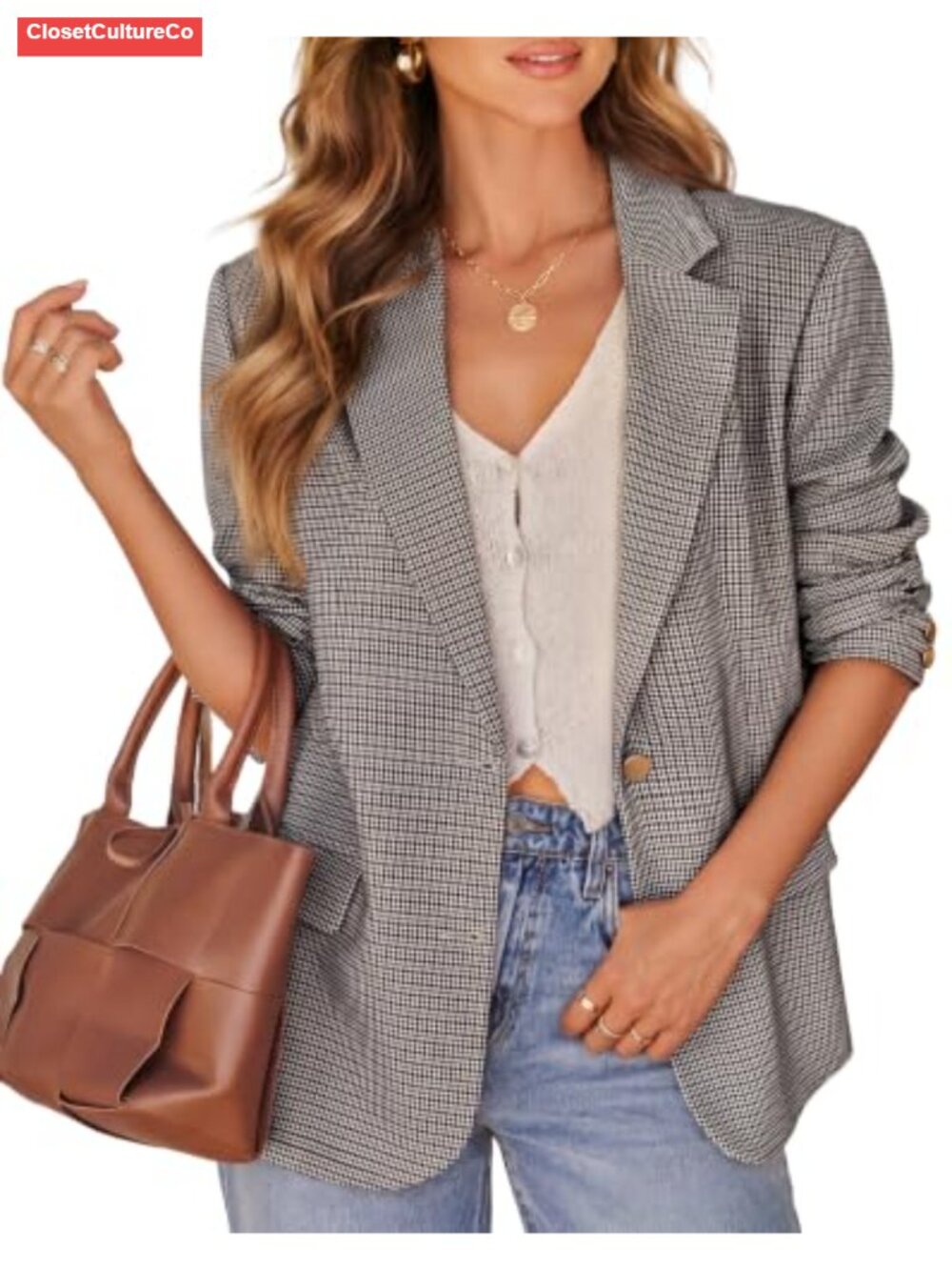 Plaid Blazer Long Sleeve Business Casual Boyfriend Fit Houndstooth Notch Lapel